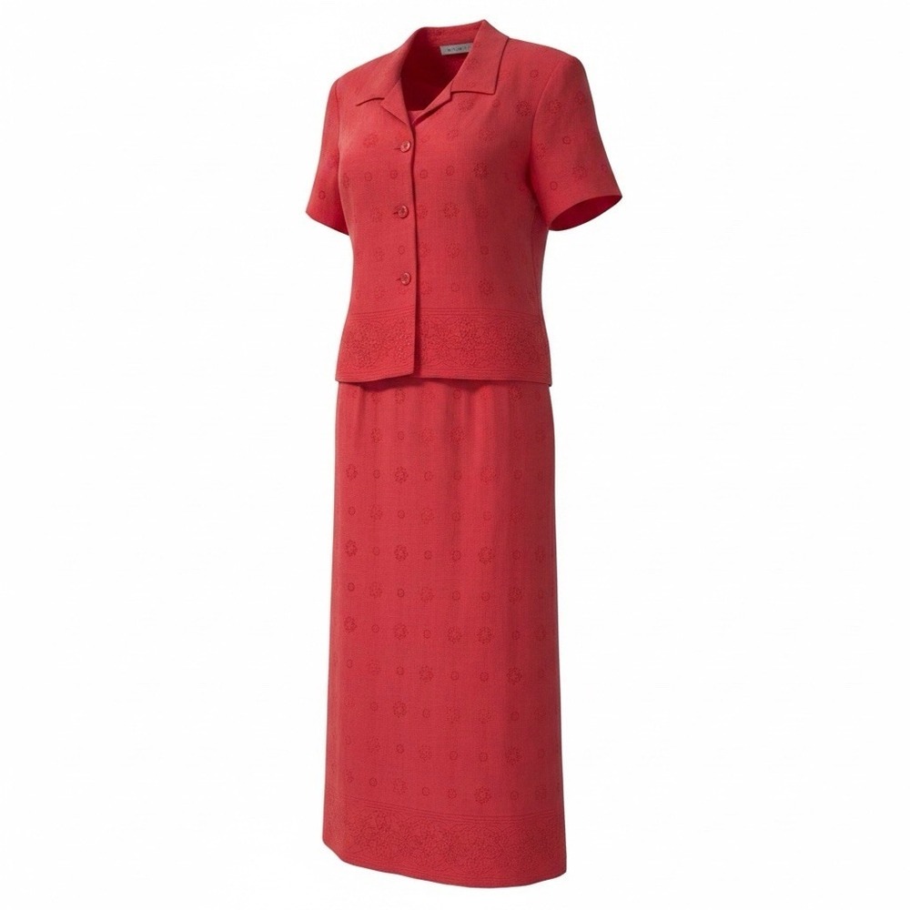 JESSICA HOWARD JACKET DRESS WOMENS SIZE 10P RED EMBOSSED FLORAL BEADED CORAL NWT